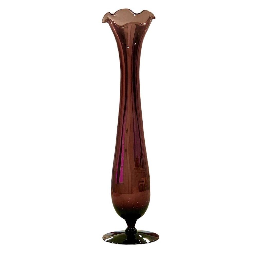 Vintage Tall Delicate Fluted Dark Mauve Glass Vase